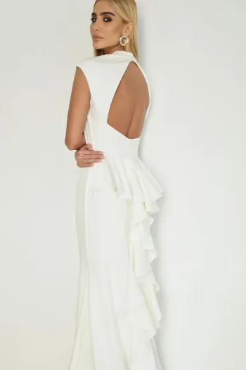 VESTIDO HELENA LONGO COM CAUDA E BABADOS COSTAS ABERTA - OFF WHITE