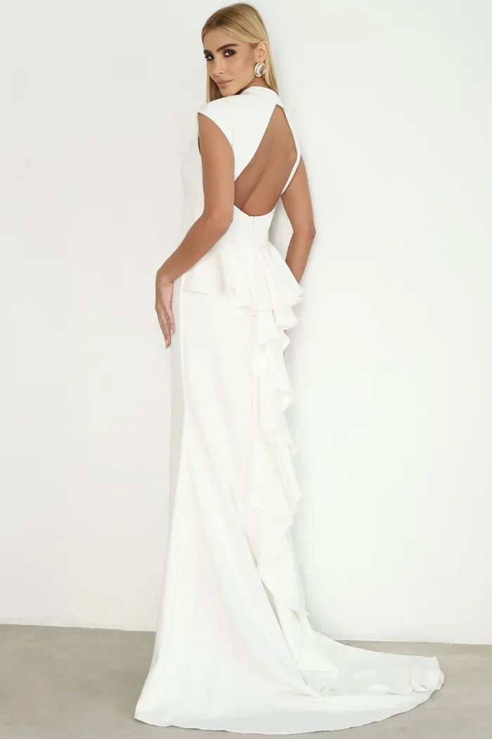 VESTIDO HELENA LONGO COM CAUDA E BABADOS COSTAS ABERTA - OFF WHITE