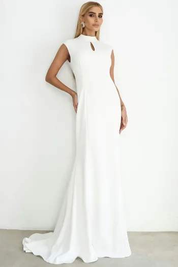 VESTIDO HELENA LONGO COM CAUDA E BABADOS COSTAS ABERTA - OFF WHITE