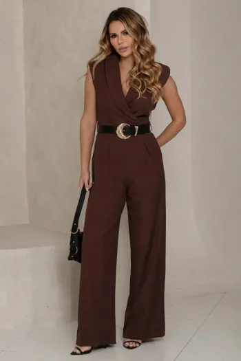 MACACÃO PANTALONA LAPELA COM CINTO COURINO - MARROM