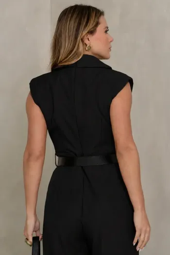 MACACÃO PANTALONA LAPELA COM CINTO COURINO - PRETO