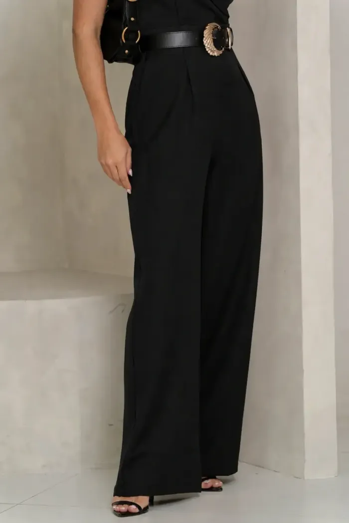 MACACÃO PANTALONA LAPELA COM CINTO COURINO - PRETO