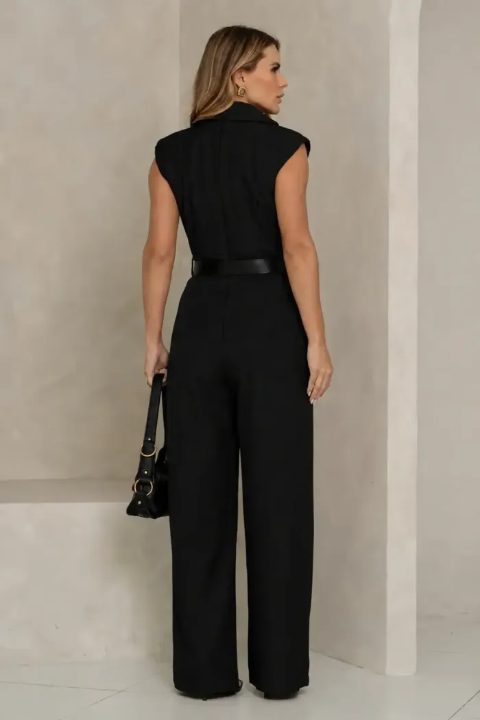MACACÃO PANTALONA LAPELA COM CINTO COURINO - PRETO