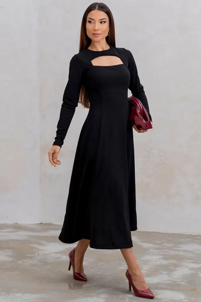 VESTIDO MIDI DAKOTA MANGA LONGA DECOTE QUADRADO - PRETO
