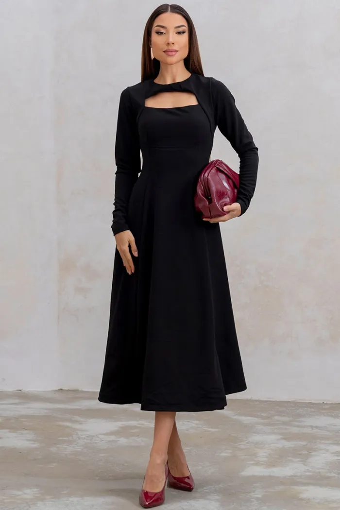 VESTIDO MIDI DAKOTA MANGA LONGA DECOTE QUADRADO - PRETO