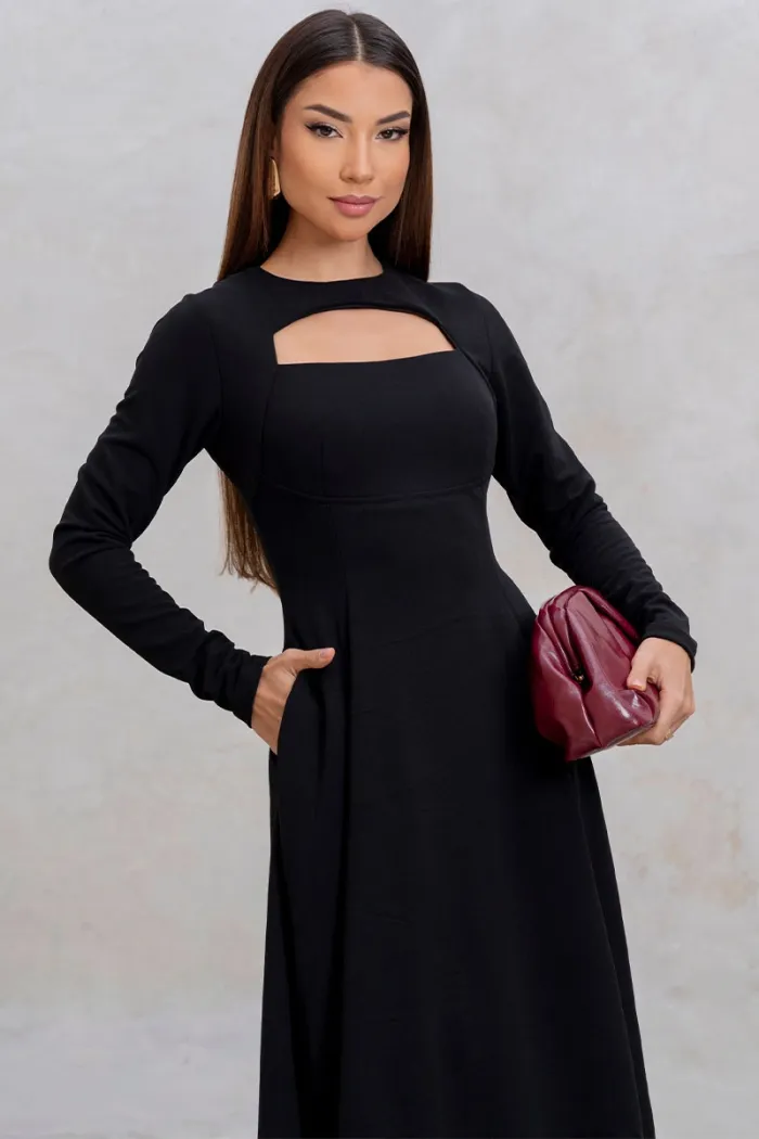 VESTIDO MIDI DAKOTA MANGA LONGA DECOTE QUADRADO - PRETO