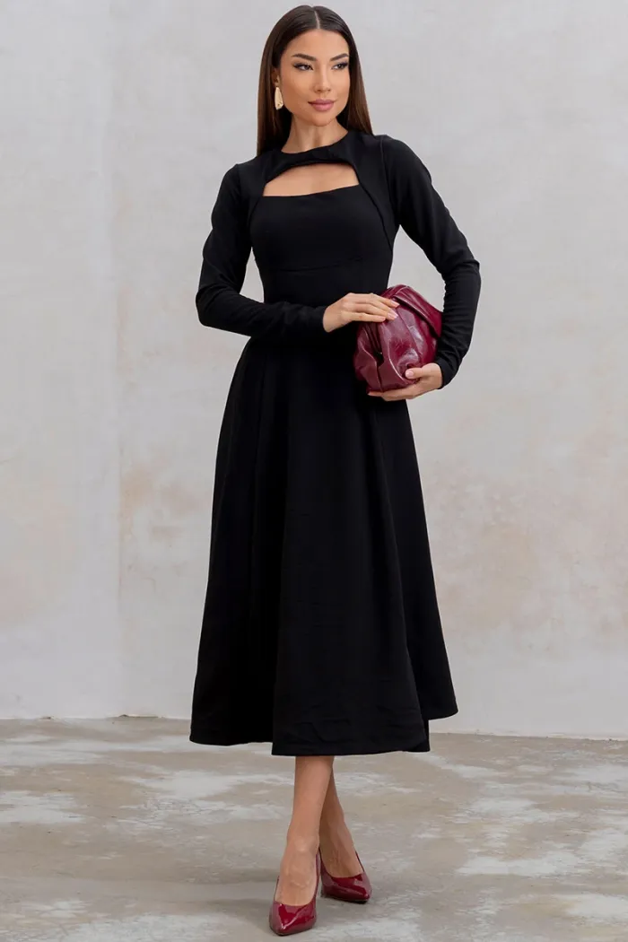 VESTIDO MIDI DAKOTA MANGA LONGA DECOTE QUADRADO - PRETO