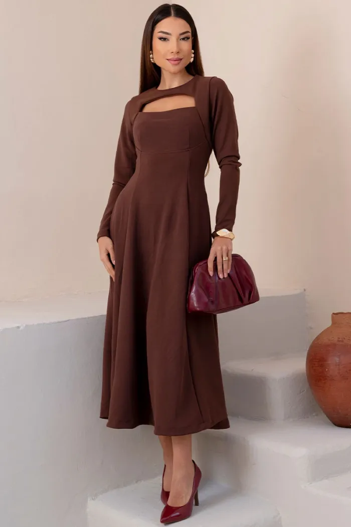 VESTIDO MIDI DAKOTA MANGA LONGA DECOTE QUADRADO - MARROM