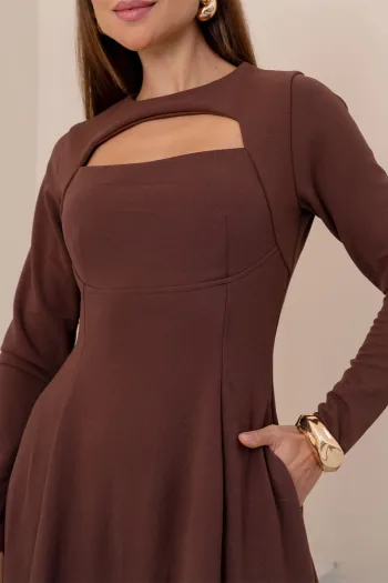 VESTIDO MIDI DAKOTA MANGA LONGA DECOTE QUADRADO - MARROM