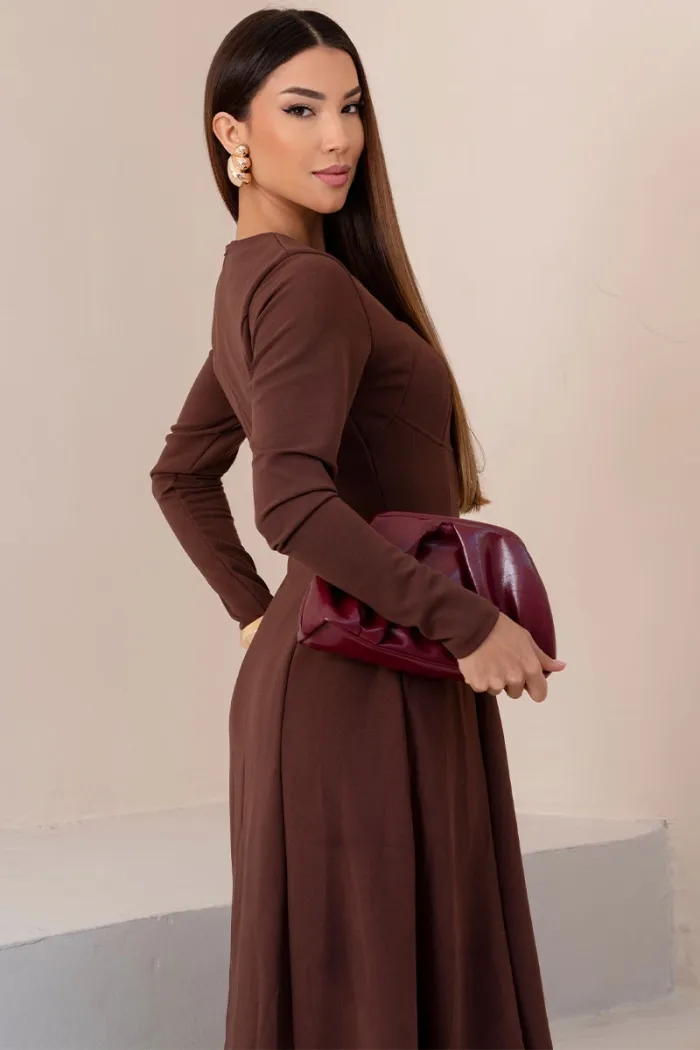 VESTIDO MIDI DAKOTA MANGA LONGA DECOTE QUADRADO - MARROM