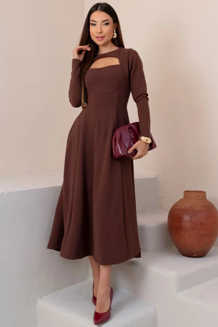 VESTIDO MIDI DAKOTA MANGA LONGA DECOTE QUADRADO - MARROM