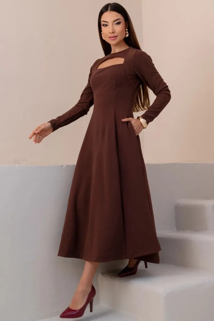VESTIDO MIDI DAKOTA MANGA LONGA DECOTE QUADRADO - MARROM