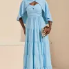 VESTIDO LONGO GEORGINA FESTA FLUIDO BUSTO DRAPEADO COM CAPA - AZUL