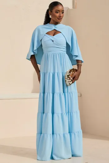 VESTIDO LONGO GEORGINA FESTA FLUIDO BUSTO DRAPEADO COM CAPA - AZUL