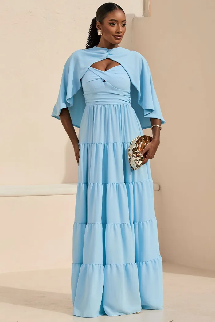 VESTIDO LONGO GEORGINA FESTA FLUIDO BUSTO DRAPEADO COM CAPA - AZUL