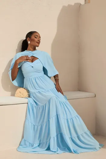 VESTIDO LONGO GEORGINA FESTA FLUIDO BUSTO DRAPEADO COM CAPA - AZUL