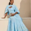 VESTIDO LONGO GEORGINA FESTA FLUIDO BUSTO DRAPEADO COM CAPA - AZUL