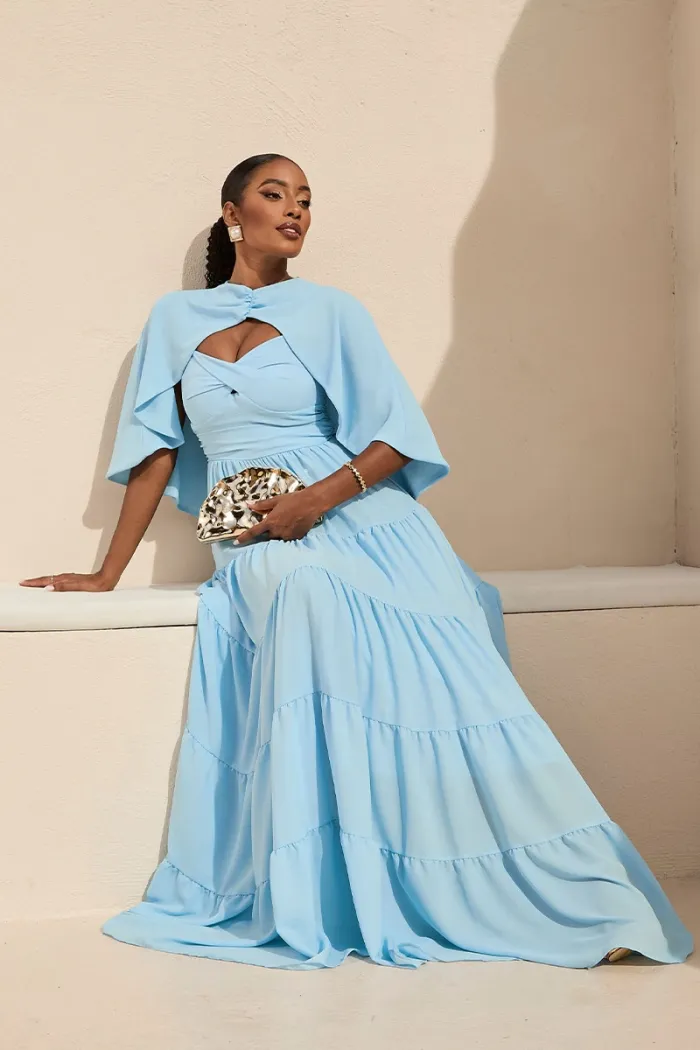 VESTIDO LONGO GEORGINA FESTA FLUIDO BUSTO DRAPEADO COM CAPA - AZUL