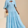 VESTIDO LONGO GEORGINA FESTA FLUIDO BUSTO DRAPEADO COM CAPA - AZUL