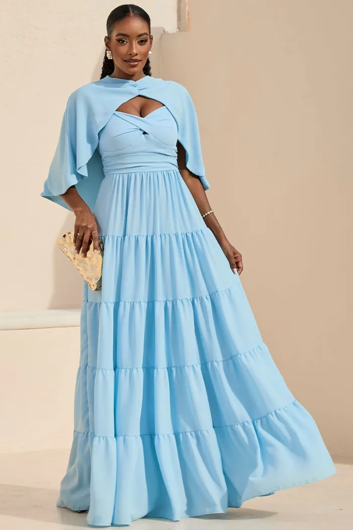 VESTIDO LONGO GEORGINA FESTA FLUIDO BUSTO DRAPEADO COM CAPA - AZUL