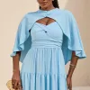 VESTIDO LONGO GEORGINA FESTA FLUIDO BUSTO DRAPEADO COM CAPA - AZUL