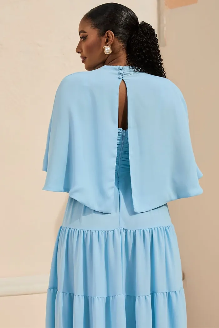 VESTIDO LONGO GEORGINA FESTA FLUIDO BUSTO DRAPEADO COM CAPA - AZUL