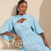 VESTIDO LONGO GEORGINA FESTA FLUIDO BUSTO DRAPEADO COM CAPA - AZUL