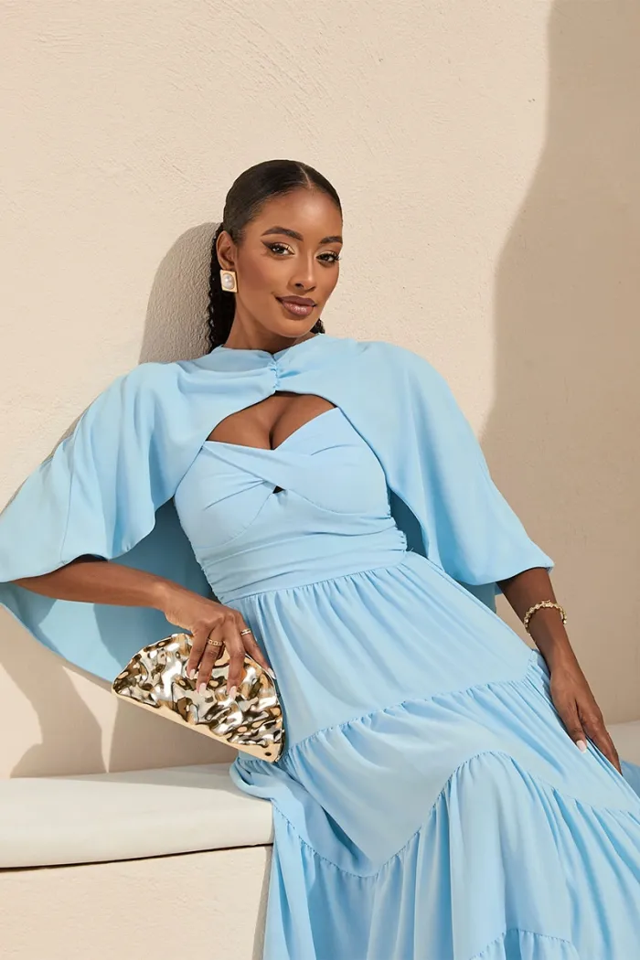 VESTIDO LONGO GEORGINA FESTA FLUIDO BUSTO DRAPEADO COM CAPA - AZUL