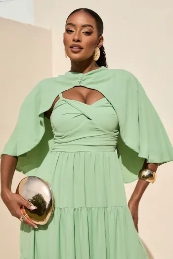 VESTIDO LONGO GEORGINA FESTA FLUIDO BUSTO DRAPEADO COM CAPA - VERDE