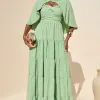 VESTIDO LONGO GEORGINA FESTA FLUIDO BUSTO DRAPEADO COM CAPA - VERDE