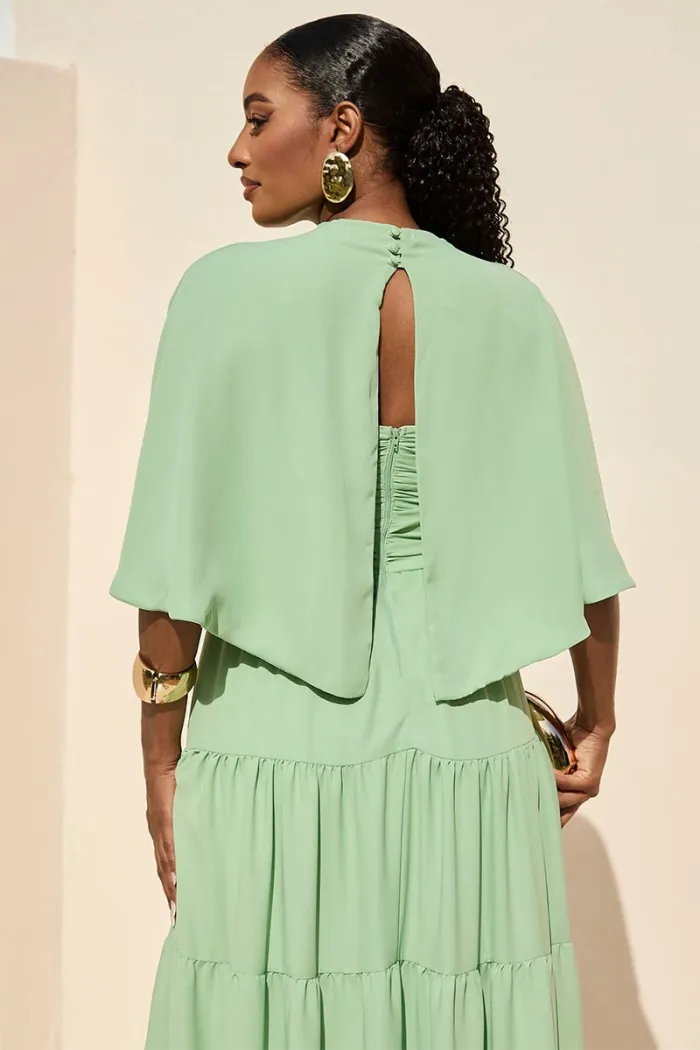 VESTIDO LONGO GEORGINA FESTA FLUIDO BUSTO DRAPEADO COM CAPA - VERDE