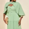VESTIDO LONGO GEORGINA FESTA FLUIDO BUSTO DRAPEADO COM CAPA - VERDE