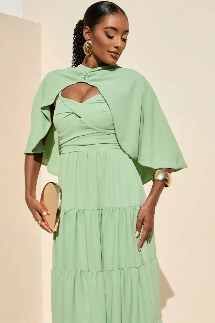 VESTIDO LONGO GEORGINA FESTA FLUIDO BUSTO DRAPEADO COM CAPA - VERDE