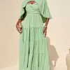 VESTIDO LONGO GEORGINA FESTA FLUIDO BUSTO DRAPEADO COM CAPA - VERDE