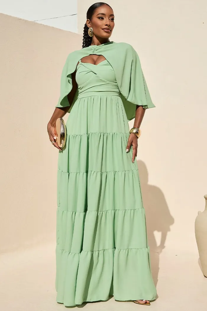 VESTIDO LONGO GEORGINA FESTA FLUIDO BUSTO DRAPEADO COM CAPA - VERDE