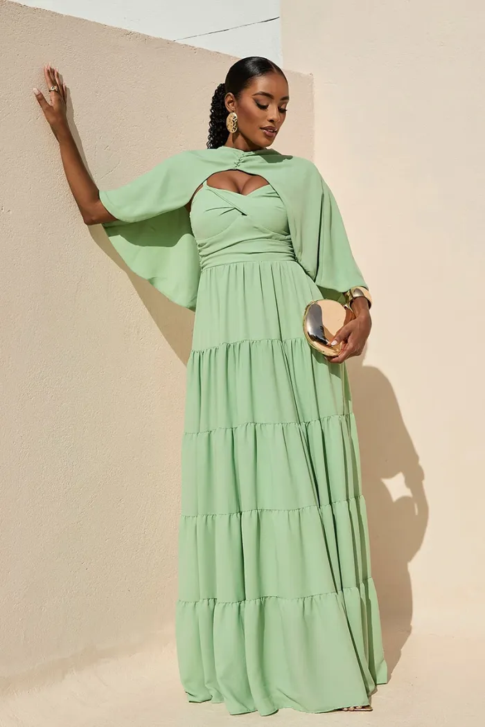 VESTIDO LONGO GEORGINA FESTA FLUIDO BUSTO DRAPEADO COM CAPA - VERDE