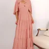 VESTIDO LONGO GEORGINA FESTA FLUIDO BUSTO DRAPEADO COM CAPA - ROSÉ