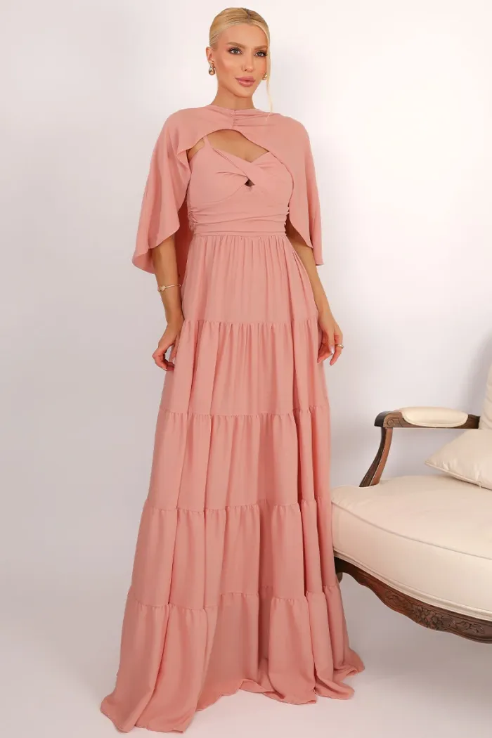 VESTIDO LONGO GEORGINA FESTA FLUIDO BUSTO DRAPEADO COM CAPA - ROSÉ