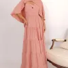 VESTIDO LONGO GEORGINA FESTA FLUIDO BUSTO DRAPEADO COM CAPA - ROSÉ