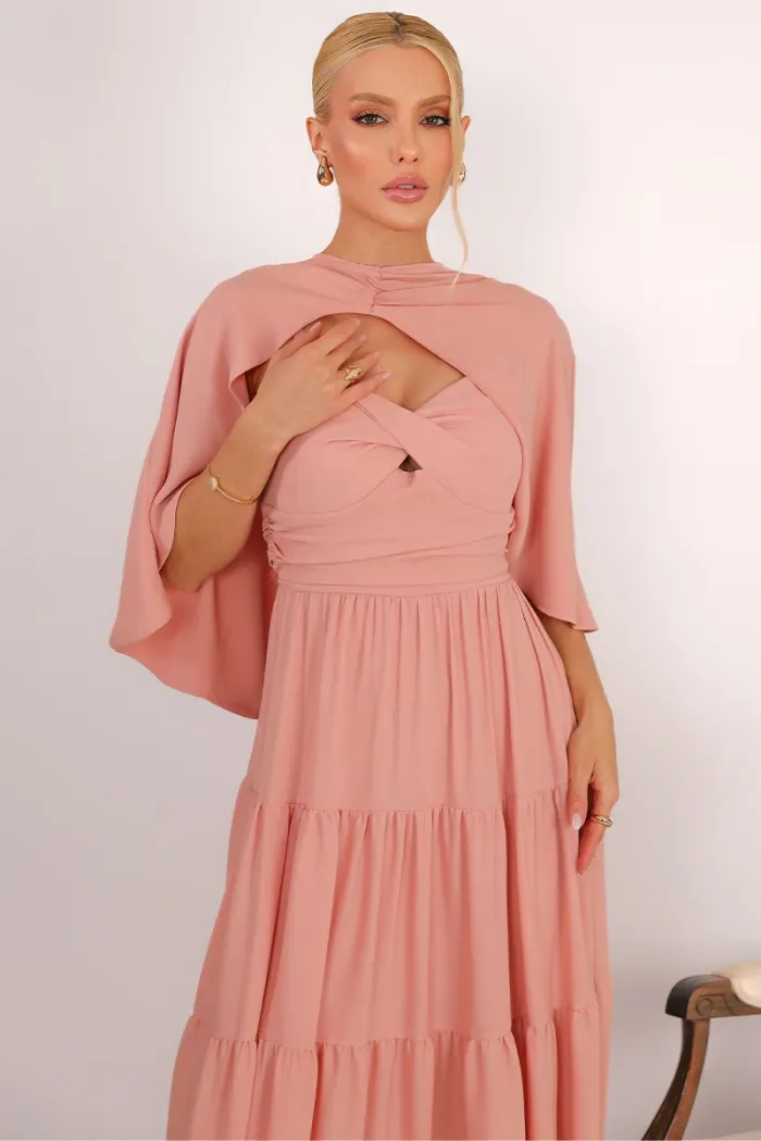 VESTIDO LONGO GEORGINA FESTA FLUIDO BUSTO DRAPEADO COM CAPA - ROSÉ