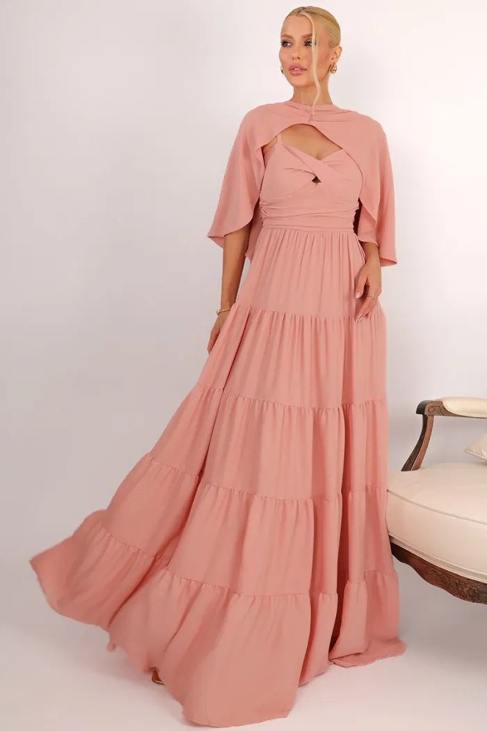 VESTIDO LONGO GEORGINA FESTA FLUIDO BUSTO DRAPEADO COM CAPA - ROSÉ