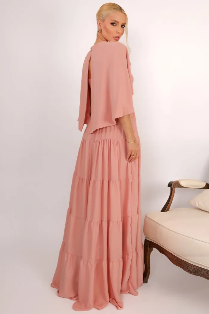 VESTIDO LONGO GEORGINA FESTA FLUIDO BUSTO DRAPEADO COM CAPA - ROSÉ