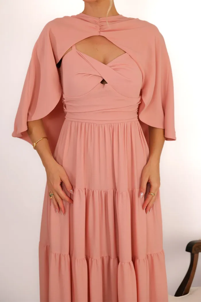 VESTIDO LONGO GEORGINA FESTA FLUIDO BUSTO DRAPEADO COM CAPA - ROSÉ