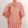 VESTIDO LONGO GEORGINA FESTA FLUIDO BUSTO DRAPEADO COM CAPA - ROSÉ
