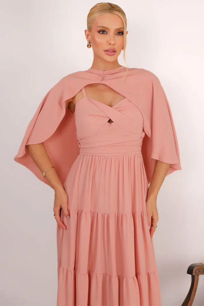 VESTIDO LONGO GEORGINA FESTA FLUIDO BUSTO DRAPEADO COM CAPA - ROSÉ