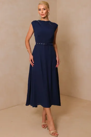 VESTIDO MIDI IRACI COM CINTO - AZUL MARINHO