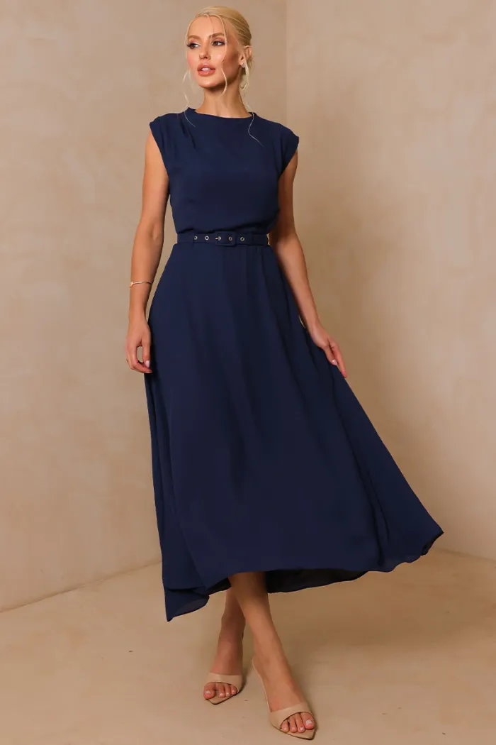 VESTIDO MIDI IRACI COM CINTO - AZUL MARINHO