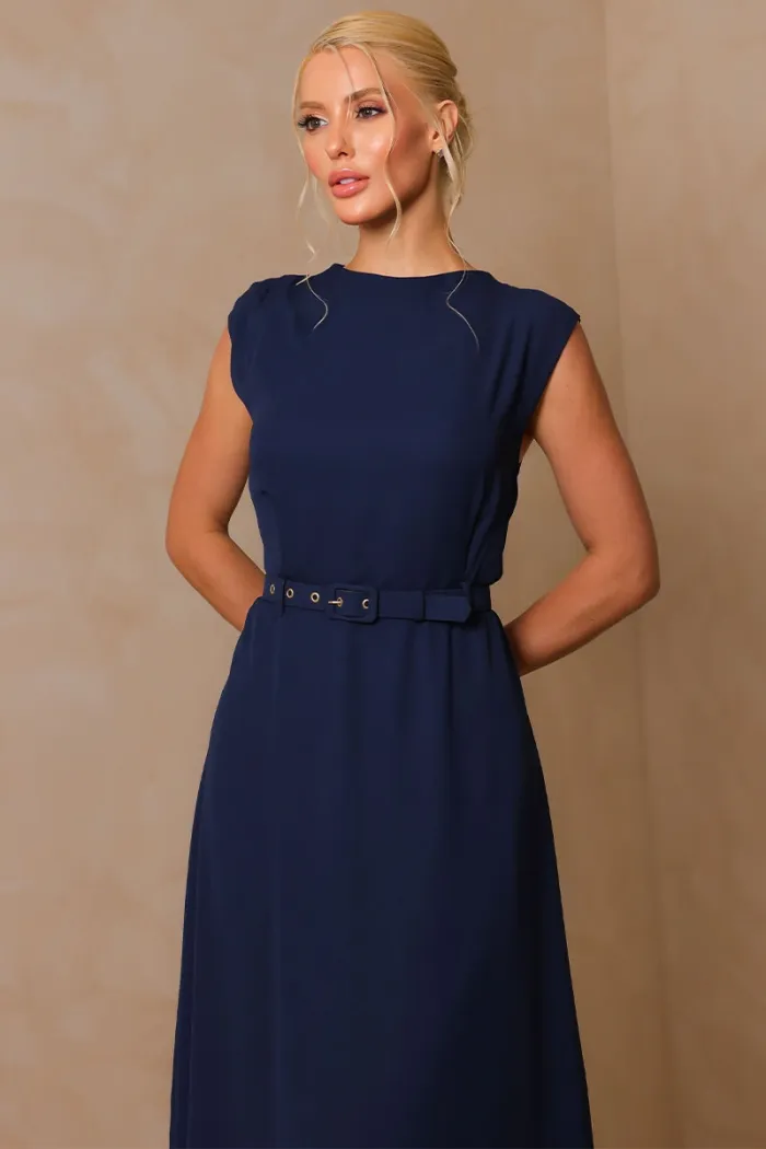 VESTIDO MIDI IRACI COM CINTO - AZUL MARINHO