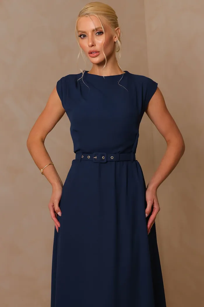 VESTIDO MIDI IRACI COM CINTO - AZUL MARINHO