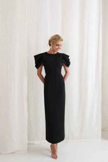 VESTIDO VALENTINA LONGUETE MANGA DRAPEADA - PRETO